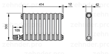 Схема (чертеж) Радиатор Zehnder Charleston 2030/9 №V004 Белый глянцевый RAL 9016